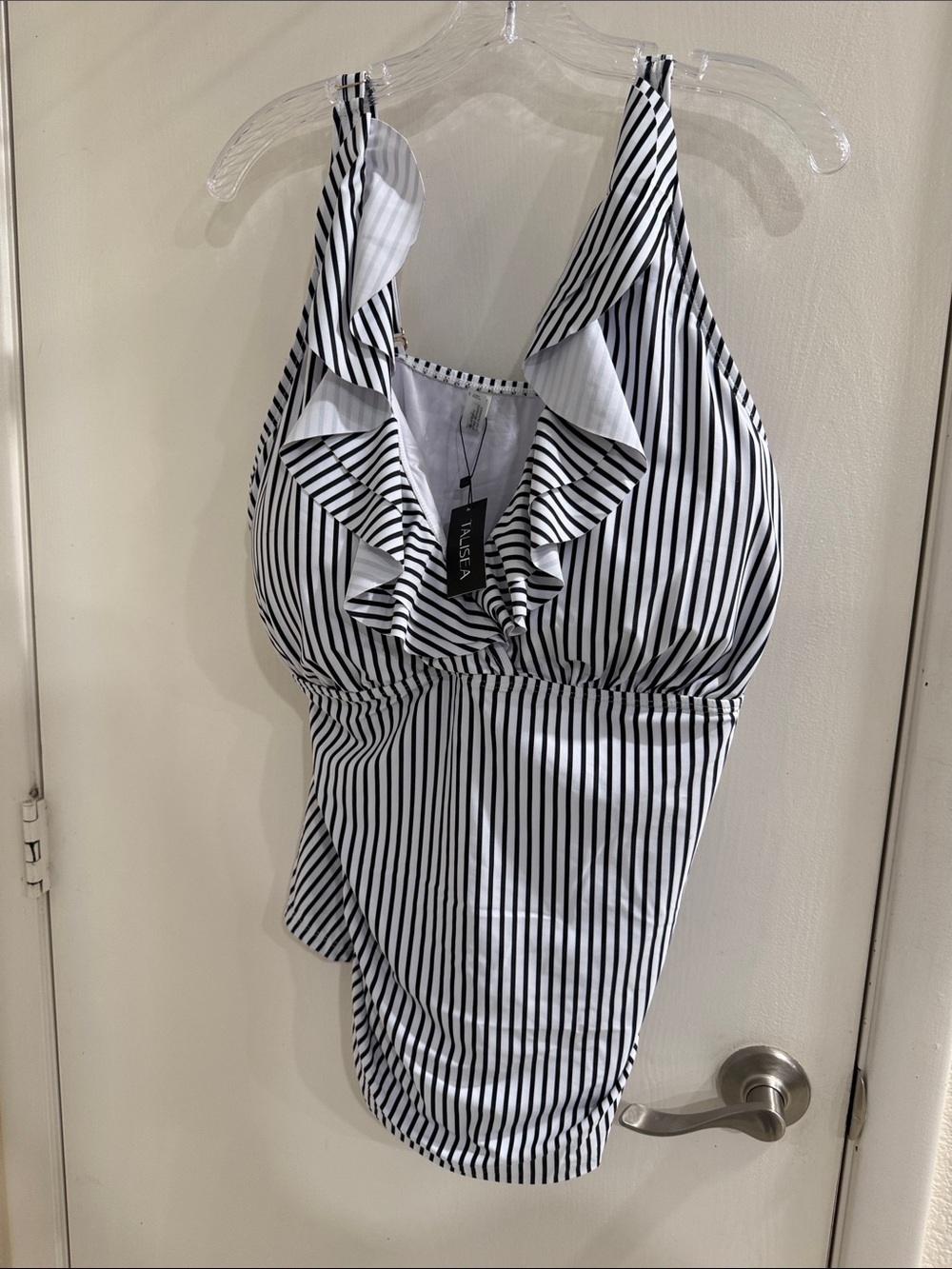 Talisea Black & White Striped Ruffle Tankini Top Size 24W NWT